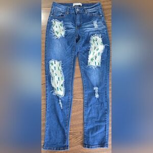 Straight Leg Succulent Cactus Patchwork Jeans Size 8